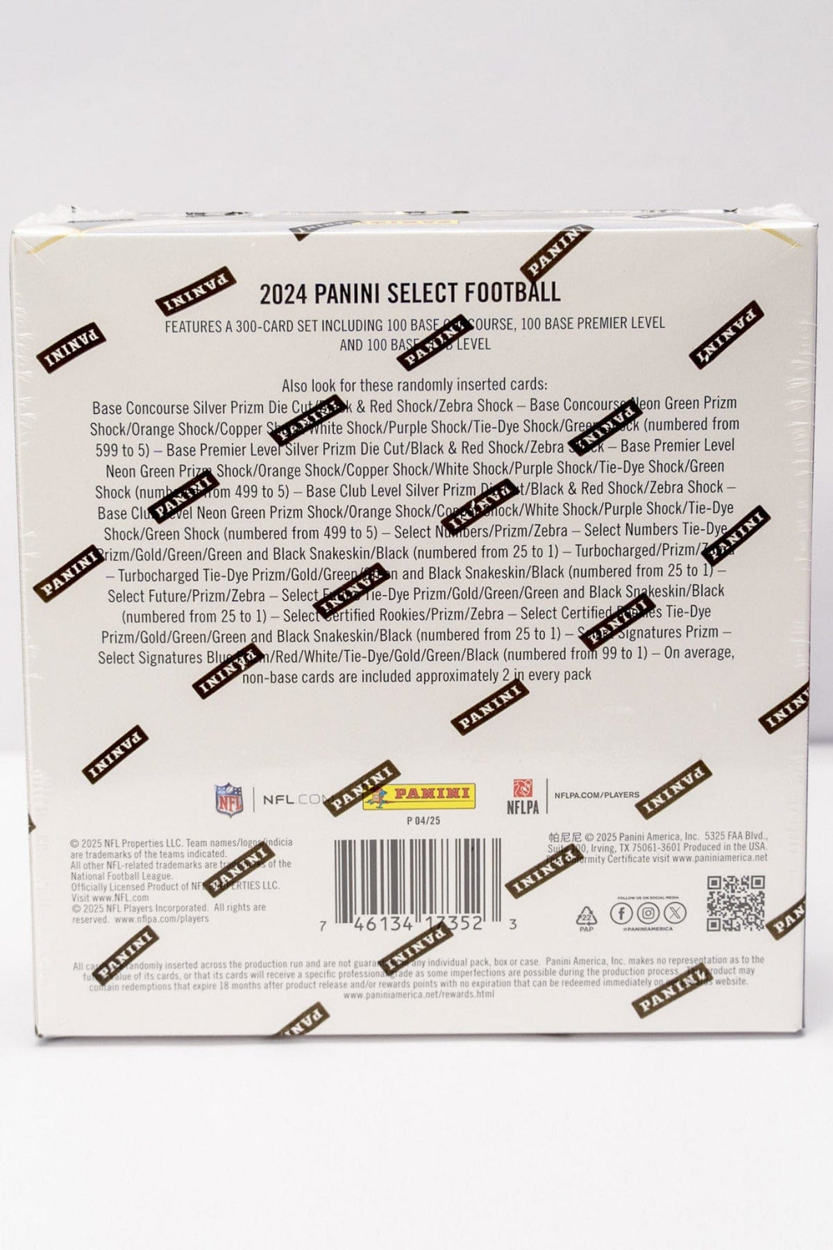 Back of a Panini Select Football trading card box packaging with text and branding.