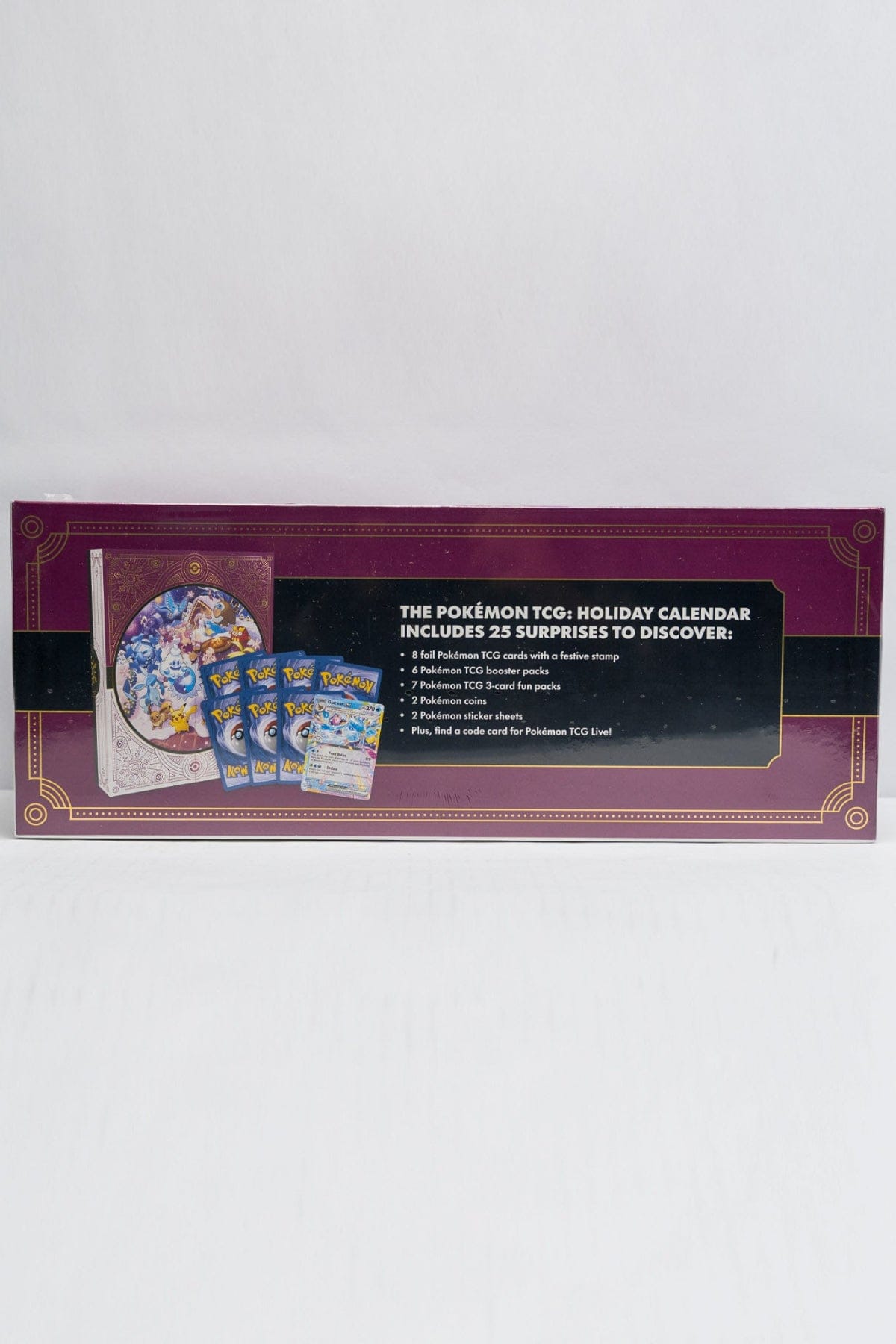 Pokémon trading card game Holiday Calendar box, highlighting the 25 suprise items you may find inside.