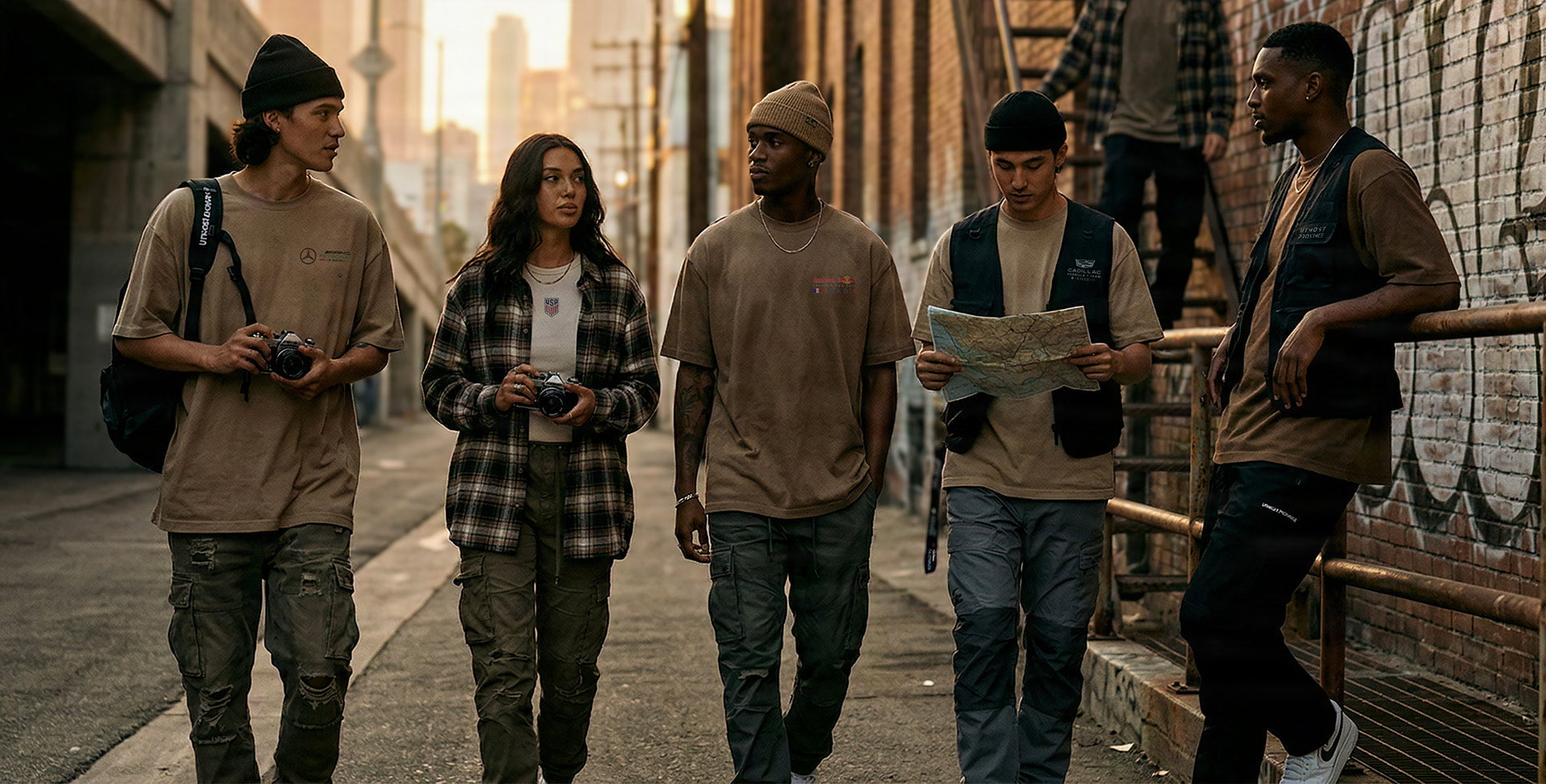 Group of friends wearing the latest F1 shirts by Utmost Province.
