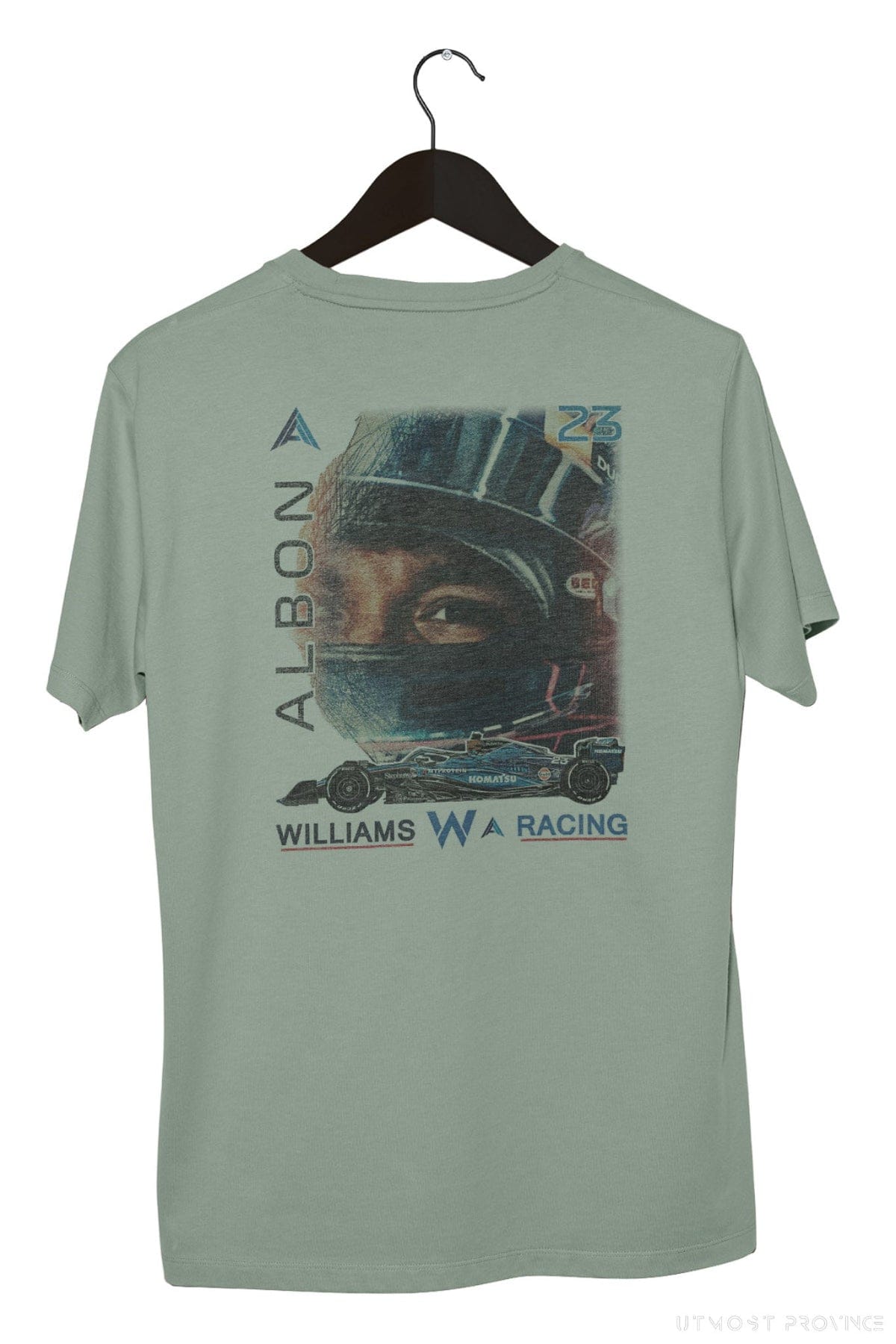 Back of Utmost Province custom Williams Racing T Shirt, showcasing the graphic design on the back of the bay F1 shirt.