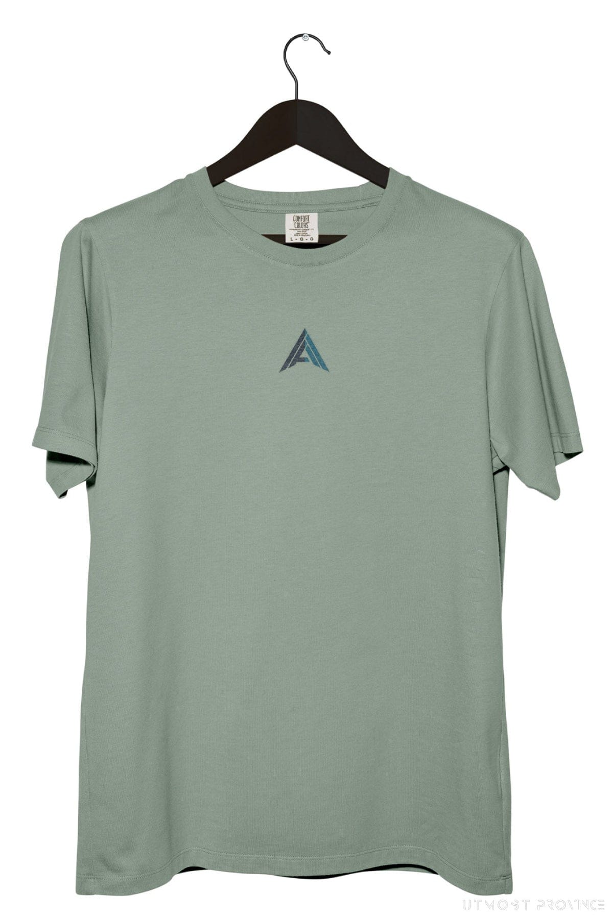 Front of a bay Comfort Colors F1 shirt on a hanger, showcasing Utmost Province unique Alex Albon inspired logo.