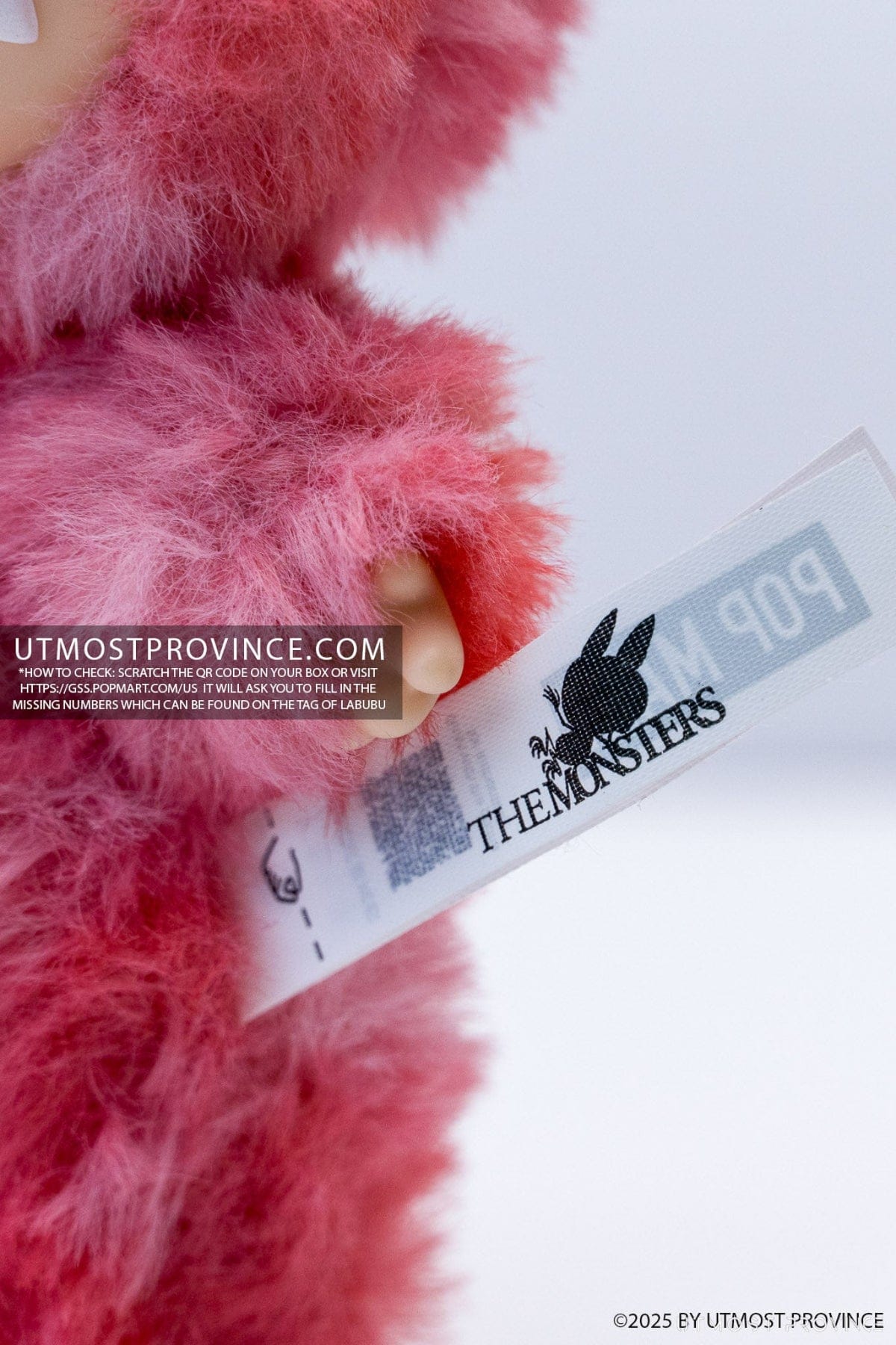 Close up of the tag on a authentic Labubu doll, showing how to check the authenticty of your Labubu.