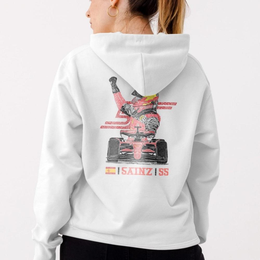 Back view of Ferrari-inspired F1 hoodie modeled by a woman, Carlos Sainz-inspired design.