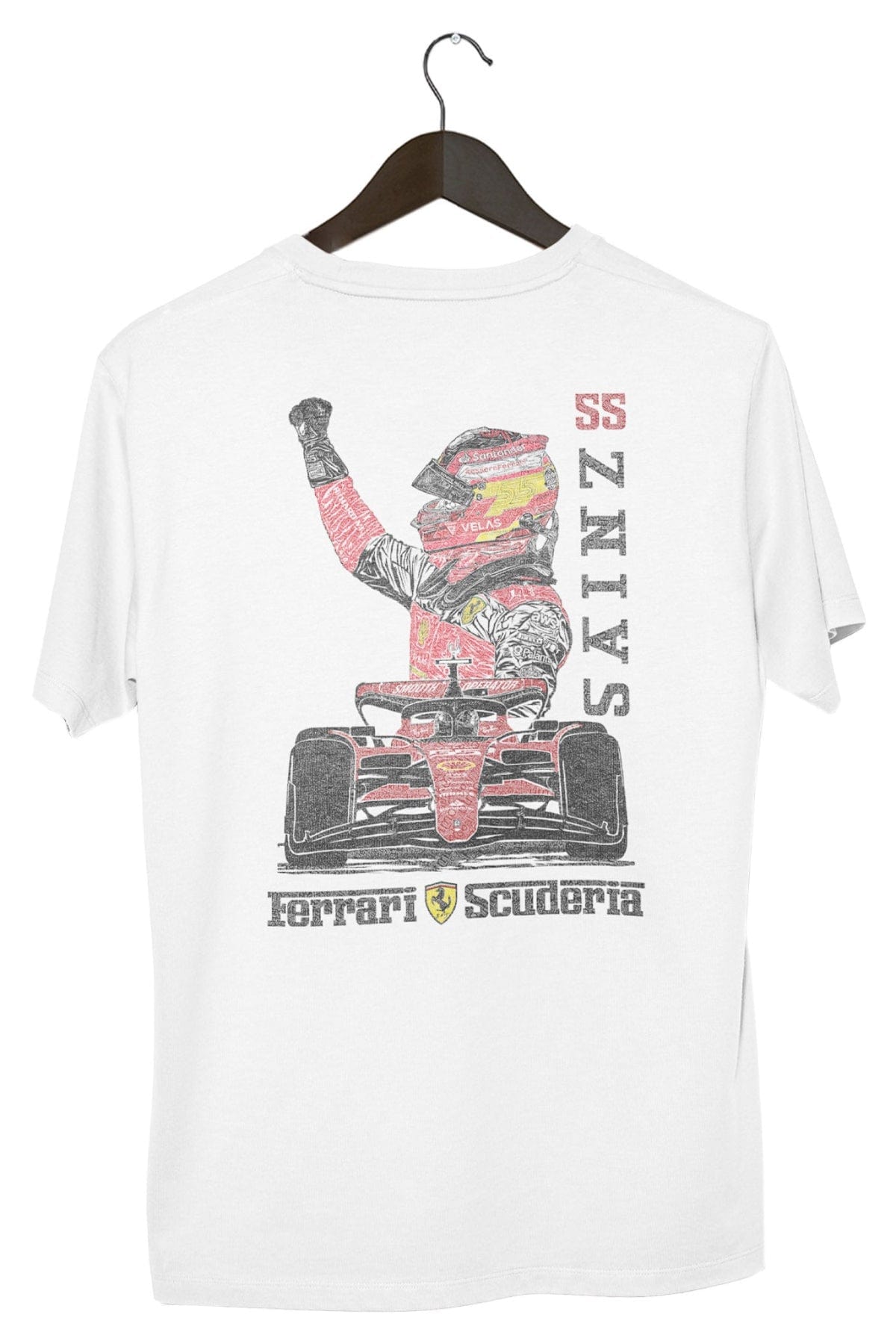 Carlos Sainz Ferrari Graphic Tee on a hanger showing the back design on a White Comfort Colors t-shirt.