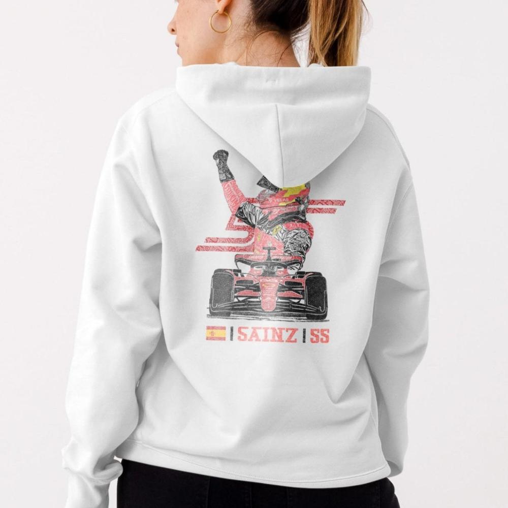 Model wearing Utmost Province's custom Ferrari hoodie inspired by Carlos Sainz, showcasing the back design of the F1 hoodie.
