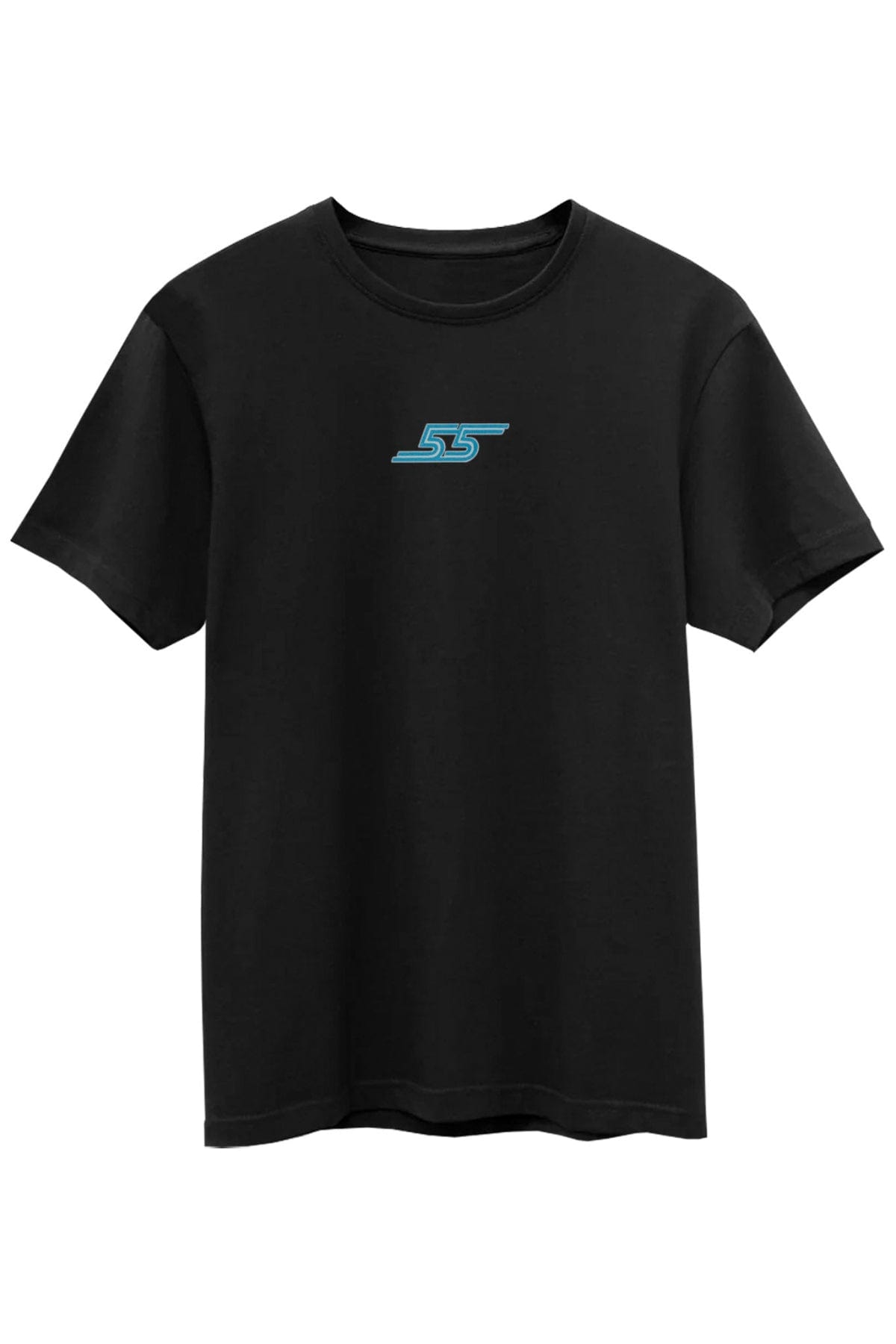 Black t-shirt with a blue logo on a white background