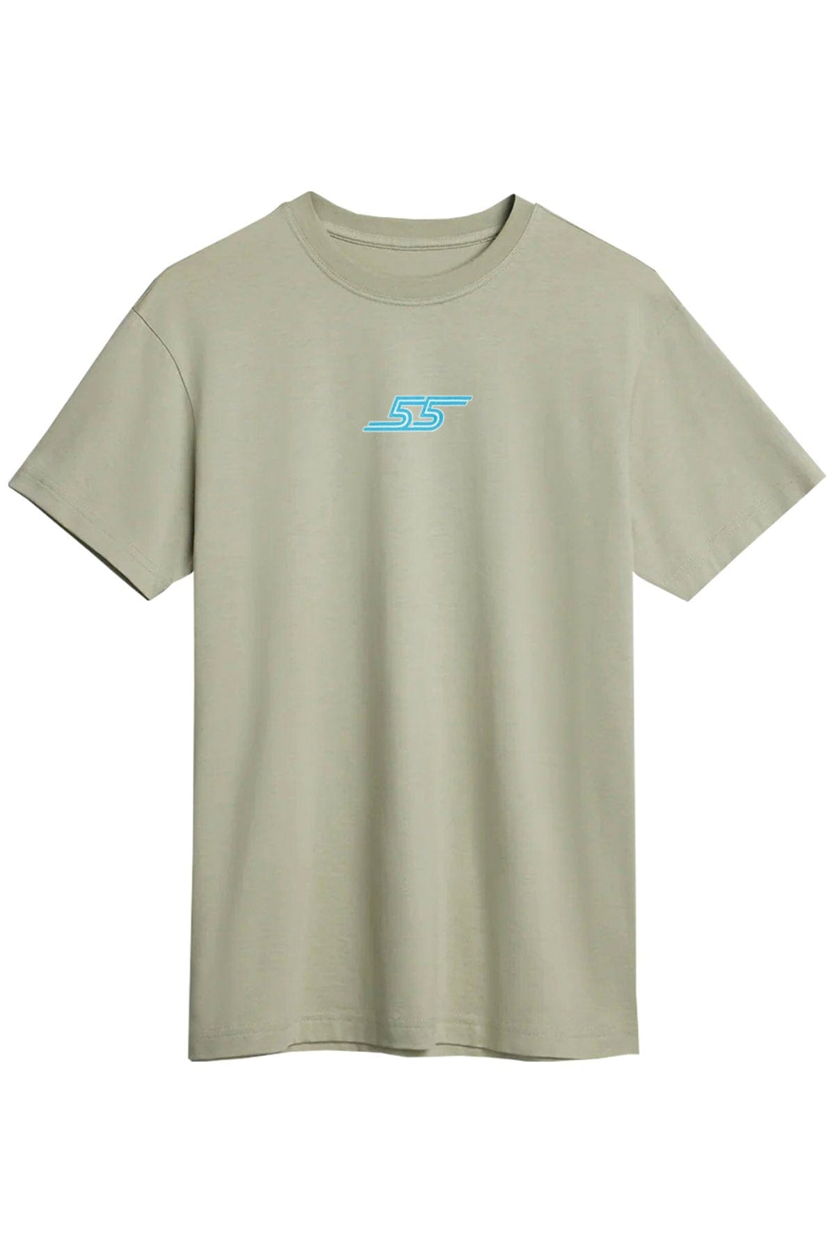 Front of a light green t-shirt with a small blue logo.