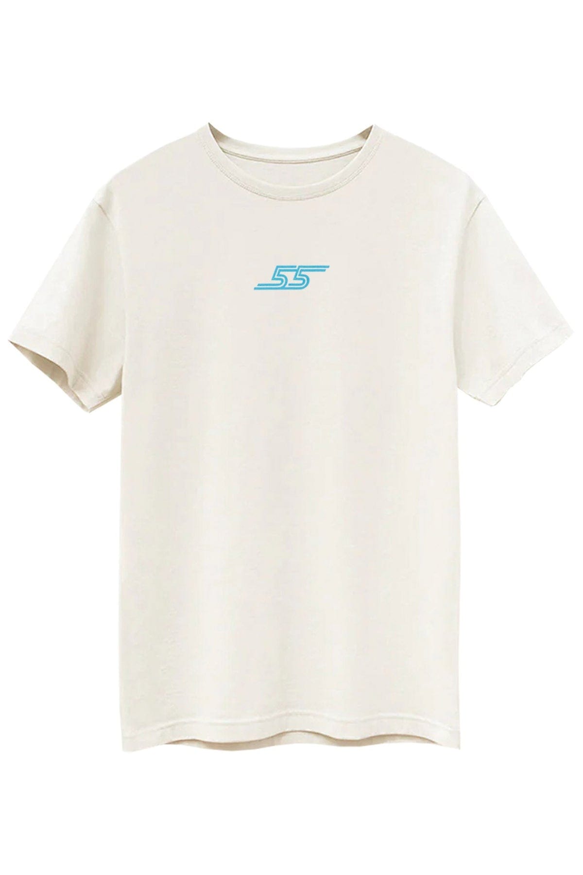 Natural colored  t-shirt with a small blue logo on the front.