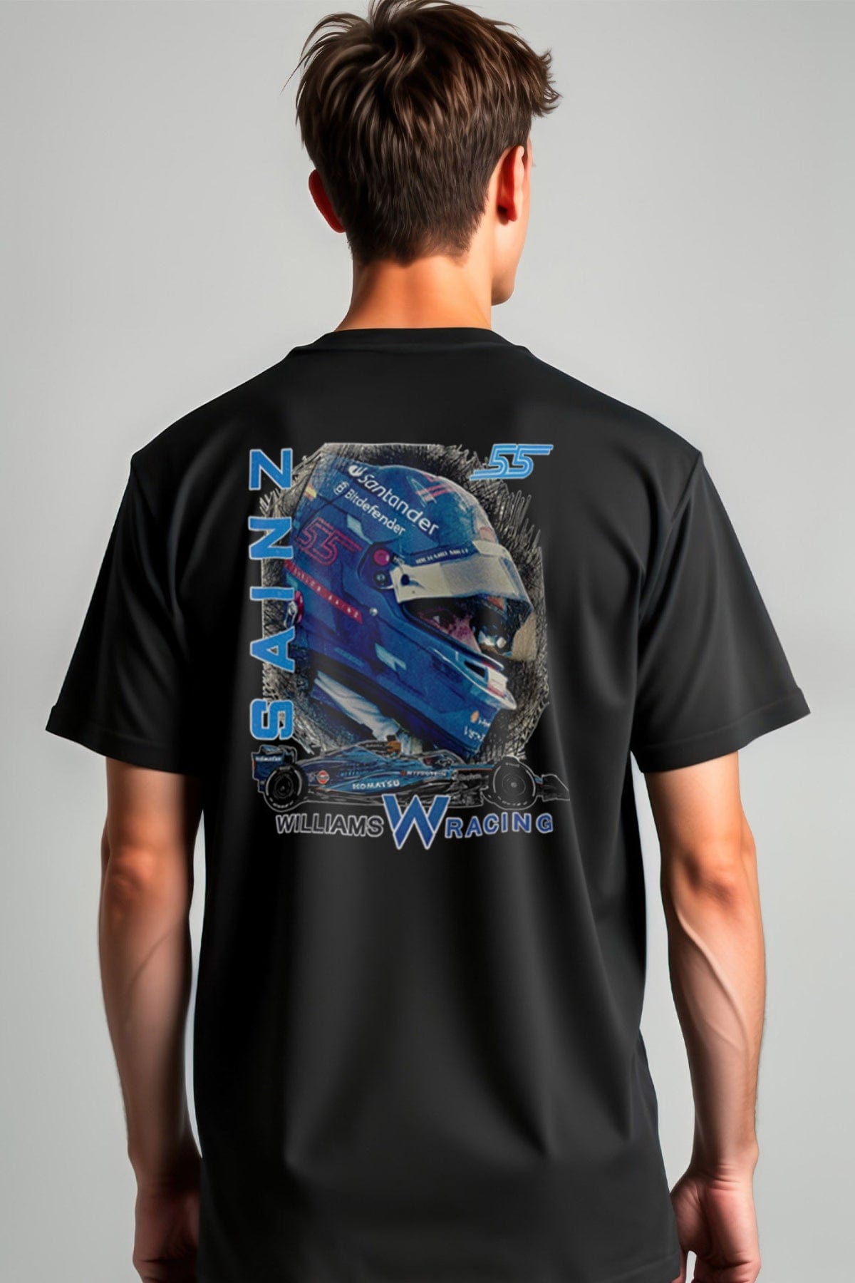 Person wearing a black t-shirt with Williams Racing inspired graphic design on the back.