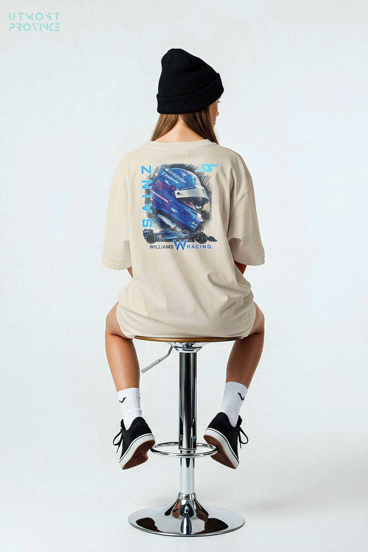 Model wearing Utmost Province F1 shirt, showcasing the design on the back.