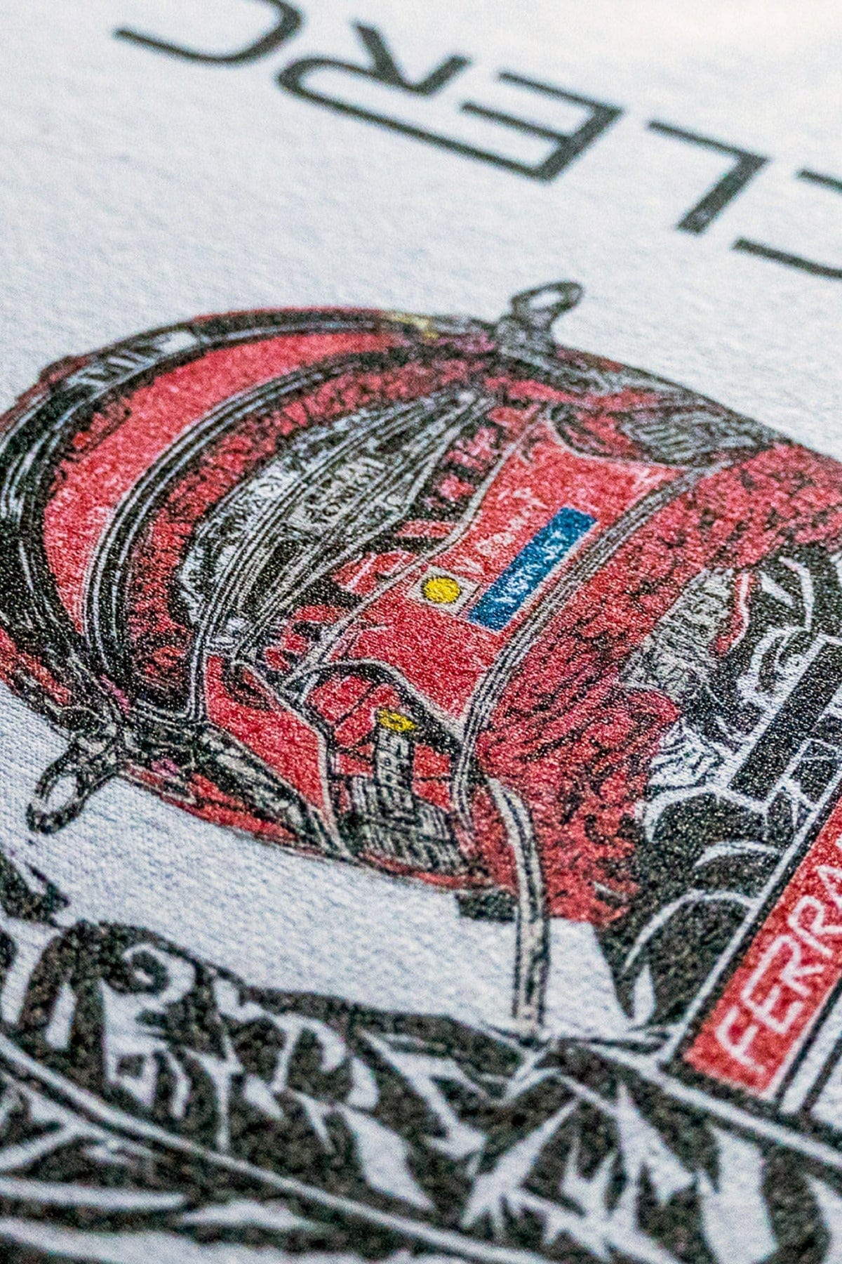 Close up of Utmost Province custom Charles Leclerc shirt, highlighting the details of the graphic design on the back.