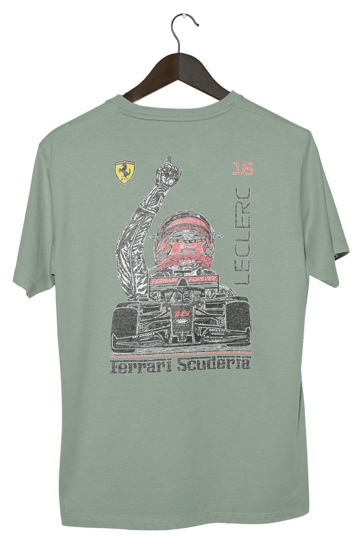 Charles Leclerc Ferrari F1 shirt, showcasing the graphic design on the back of an Bay Comfort Colors shirt.