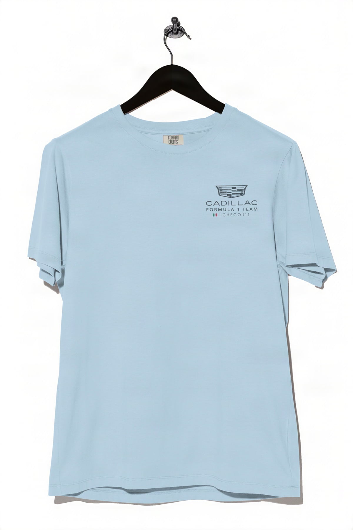 Chambray Cadillac F1 shirt by Utmost Province, front view highlighting the F1-inspired design on the front of the t-shirt.