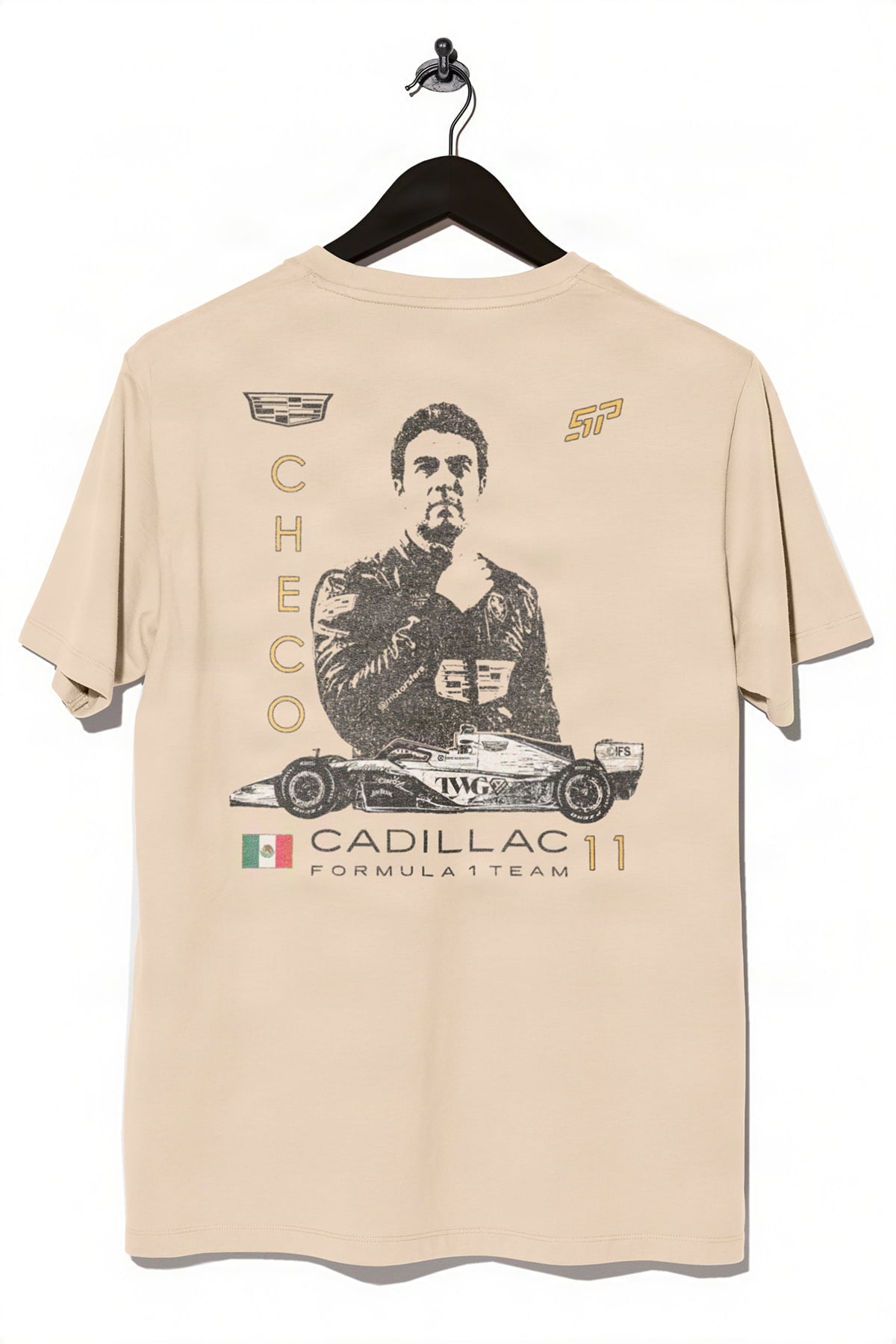 Ivory Cadillac F1 shirt by Utmost Province, highlighting the back of the Checo Perez-inspired silhouette design.