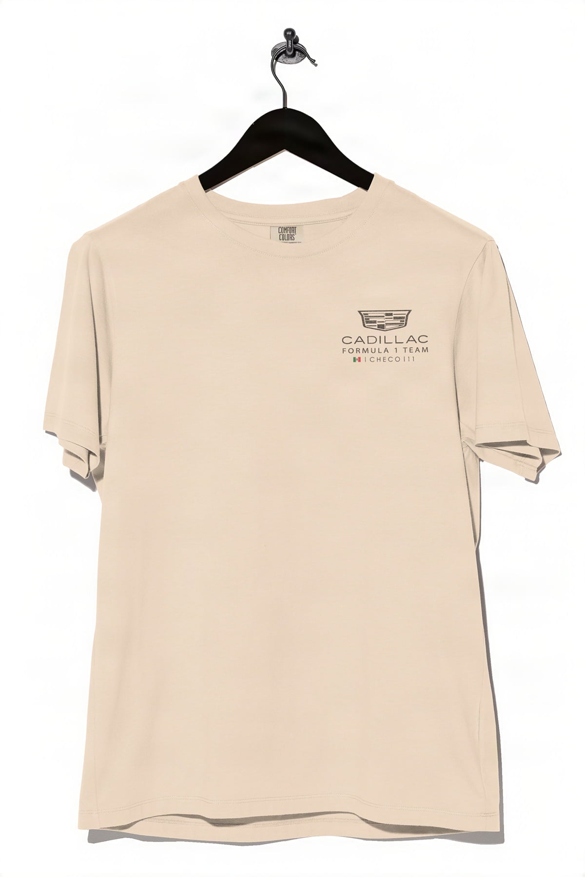 Ivory Cadillac F1 shirt by Utmost Province, front view showing the custom design on premium cotton t-shirt.