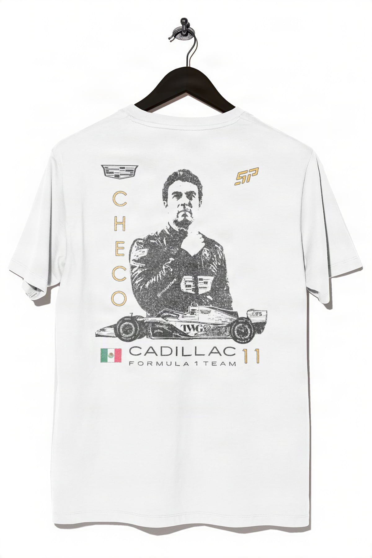 White Cadillac F1 shirt by Utmost Province, back view featuring Sergio Perez-inspired silhouette graphic design on Comfort Colors t-shirt.