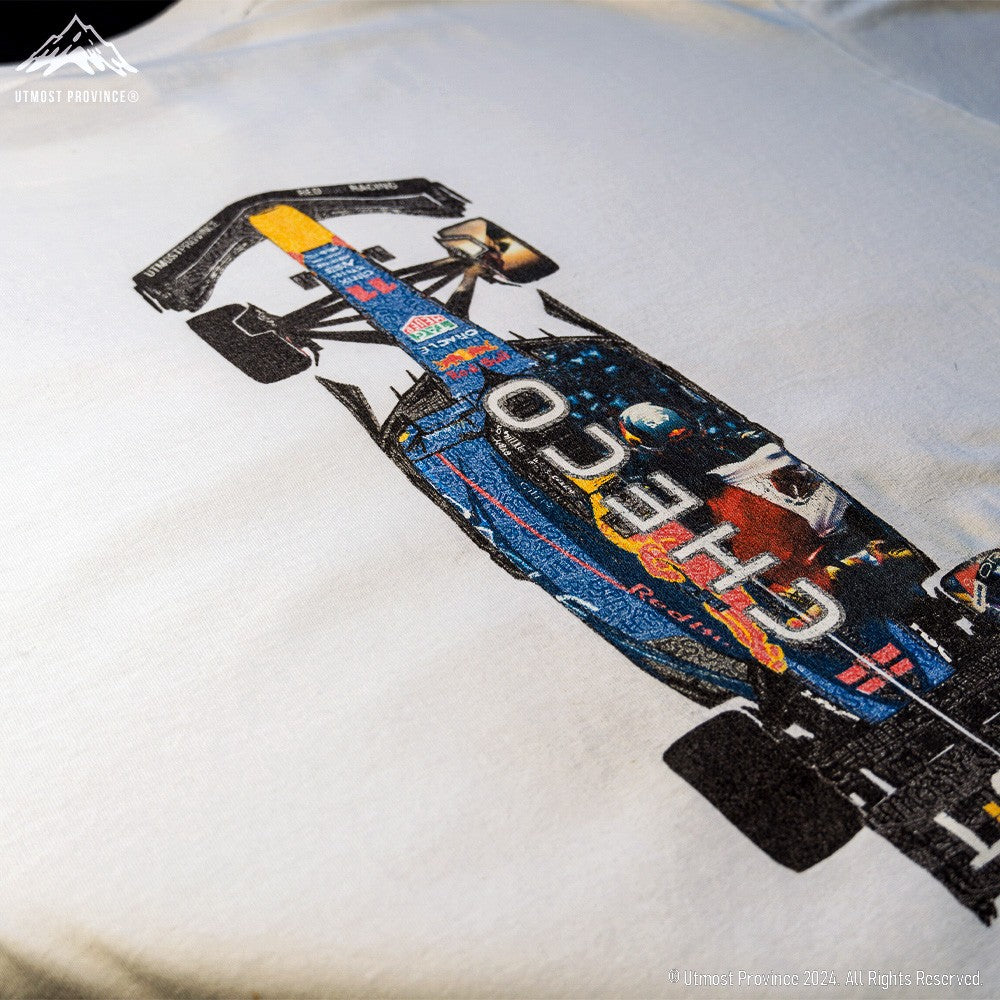 Close-up image of the back of Utmost Province's Checo Perez inspired race car shirt, showcasing the details of the design on the graphic tee.