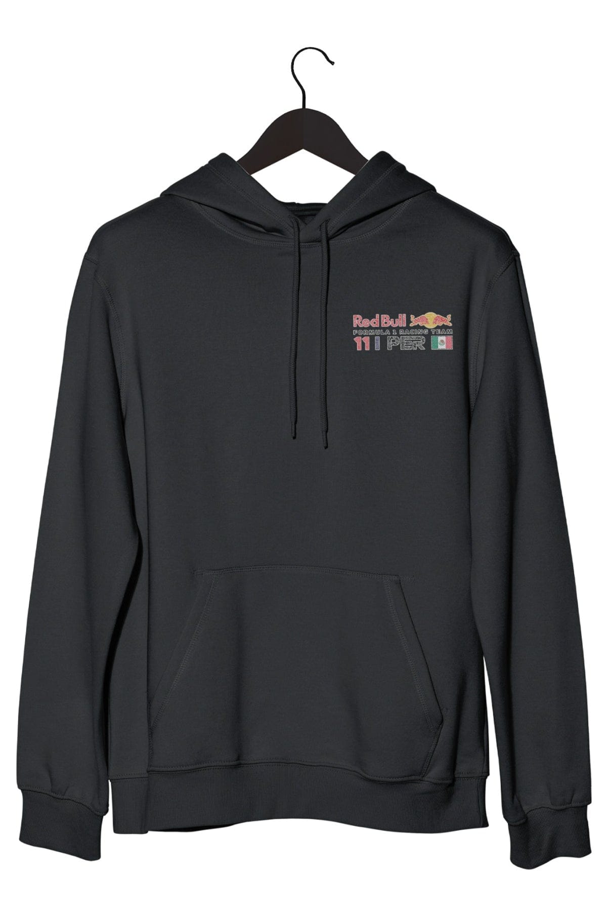 Front of a black hoodie on a hanger, showcasing the front graphic design,.