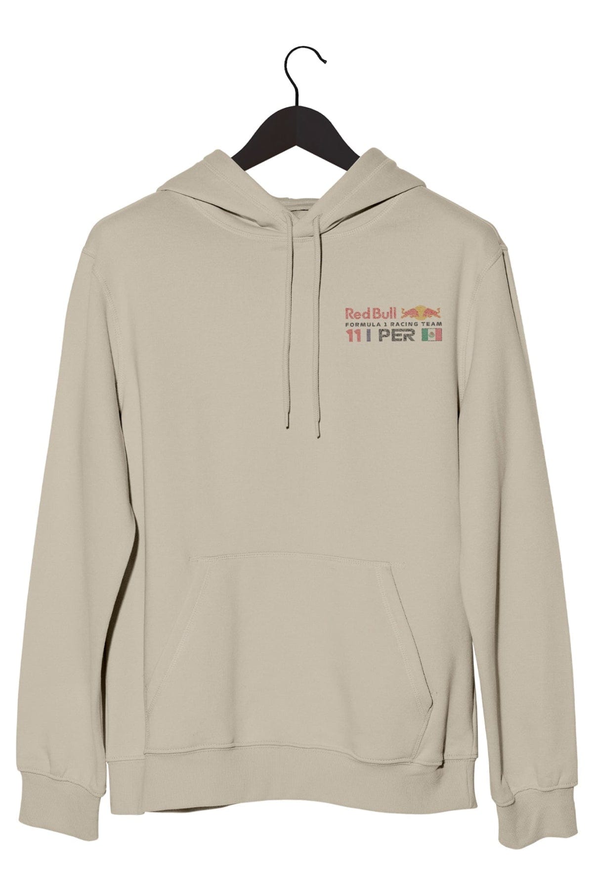 Front of a beige F1 hoodie with a custom Red Bull Racing logo on the front.