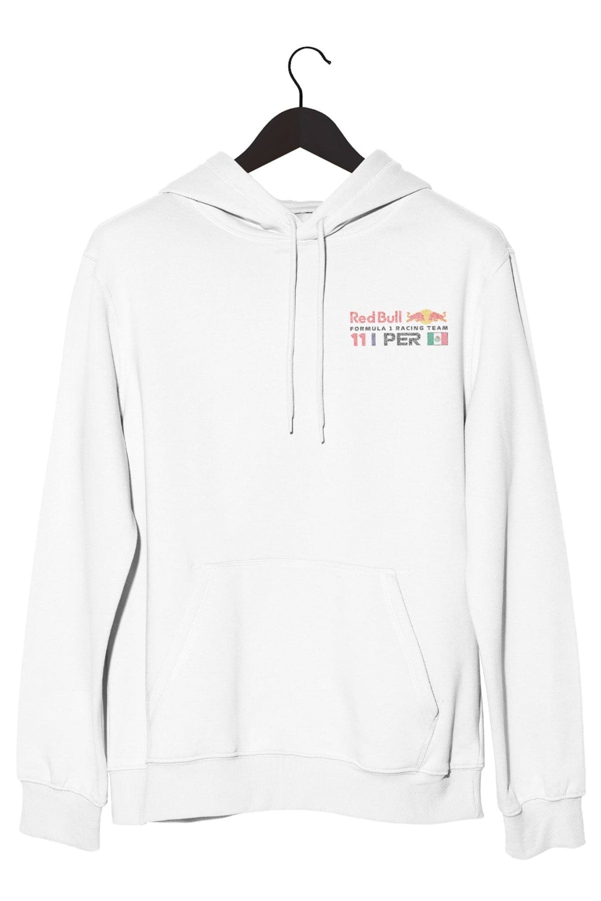 Front of a white F1 hoodie inspired by Sergio Perez.