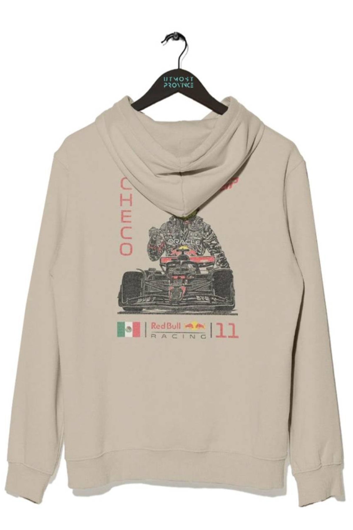 Beige Checo Perez inspired F1 hoodie on a hanger, showcasing the graphic design on the back.