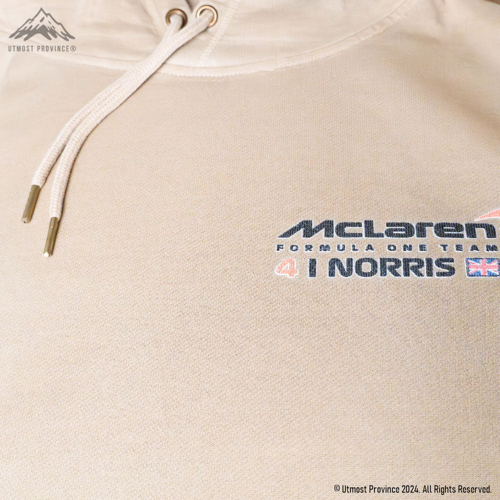 Front of the custom Mclaren F1 merch, showcasing the front of Utmost Province's exclusive racing hoodie.