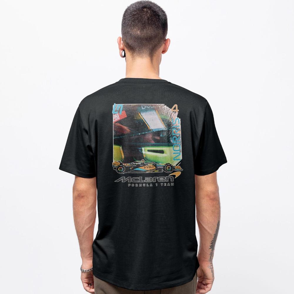 Back of a custom F1 retro t shirt inspired by Lando Norris. The image shows a model wearing the custom F1 graphic tee, showcasing the back of the unisex t shirt.