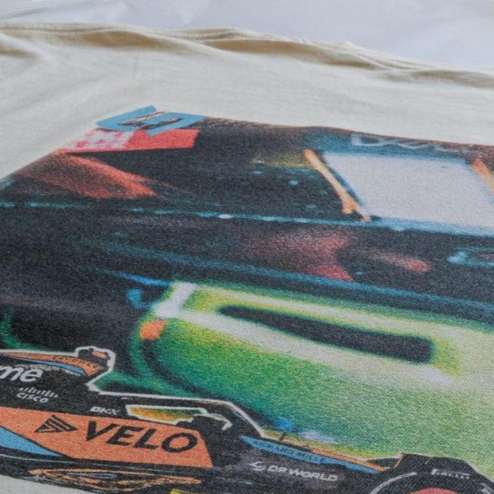 Detailed image of the back of Utmost Province's custom Lando Norris-inspired t shirt.