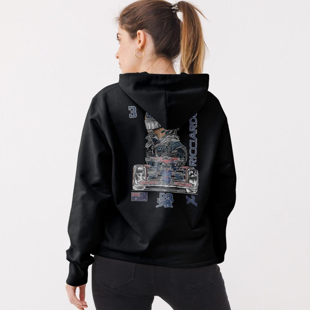 Model wearing a custom F1 hoodie, showcasing the back of the Daniel Ricciardo inspired merch.