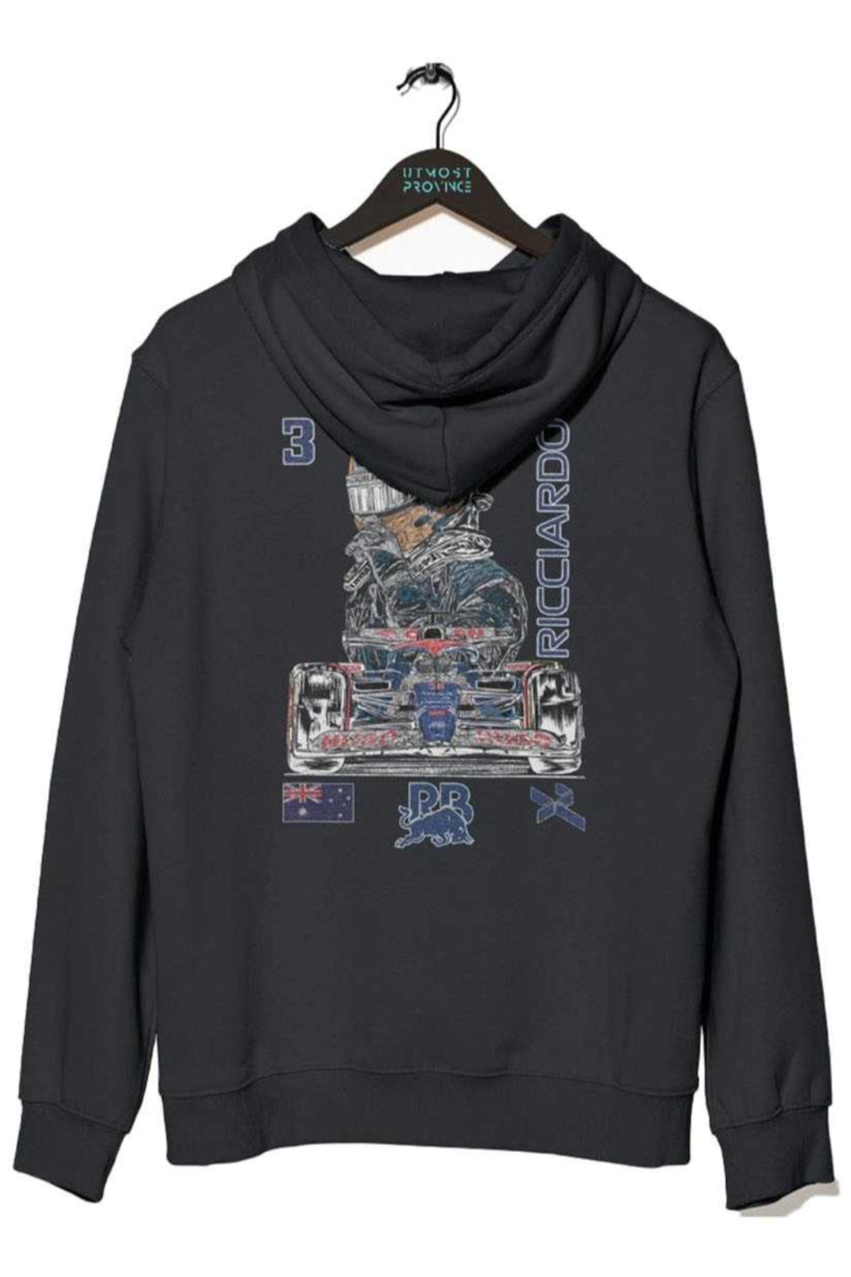 Back of a black custom Daniel Ricciardo helmet graphic hoodie, designed by Utmost Province.