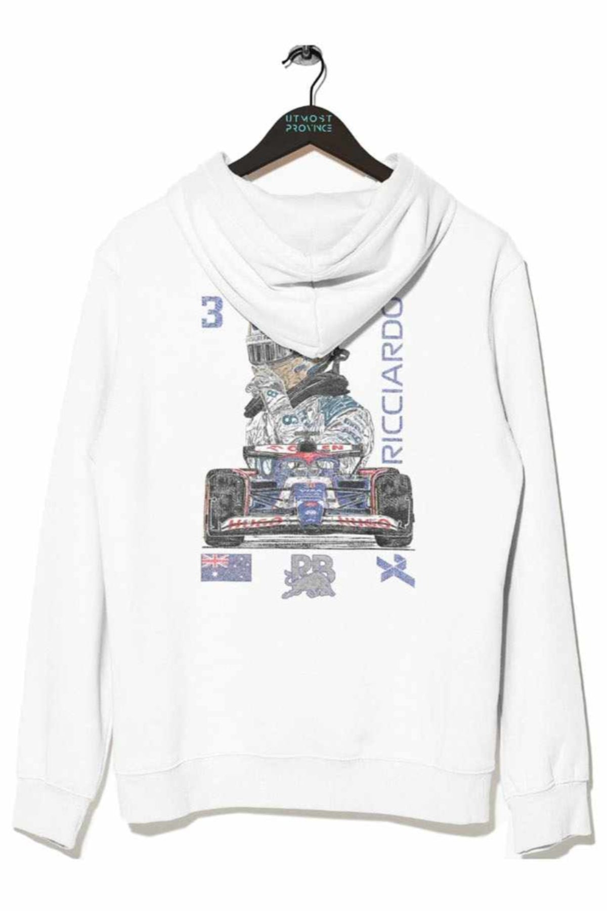 Back of a white F1 hoodie, featuring Utmost Province's custom Daniel Ricciardo helmet graphic design.