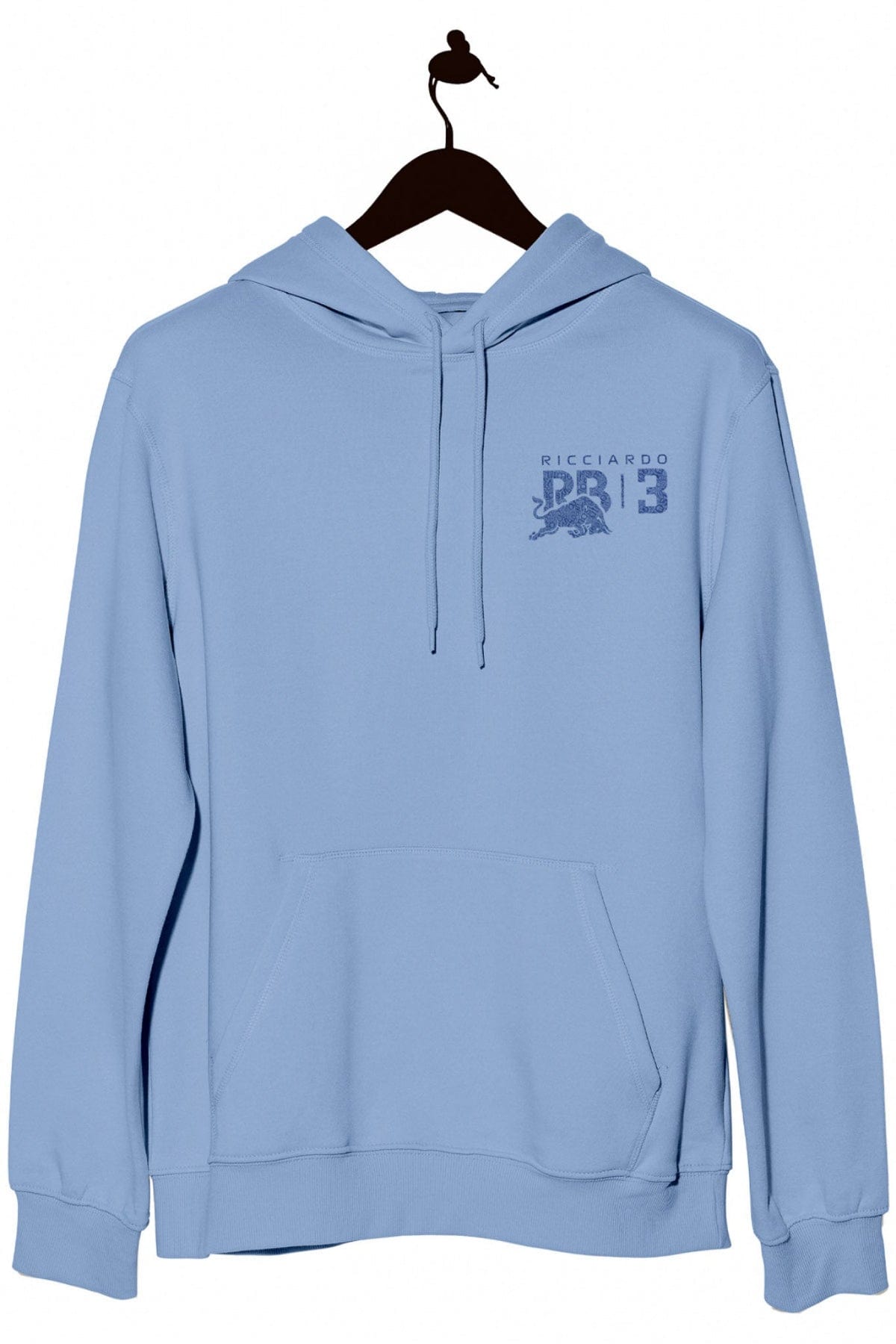 Light blue Gildan fleece hoodie with a custom Racing Bull F1 graphic design on the front.