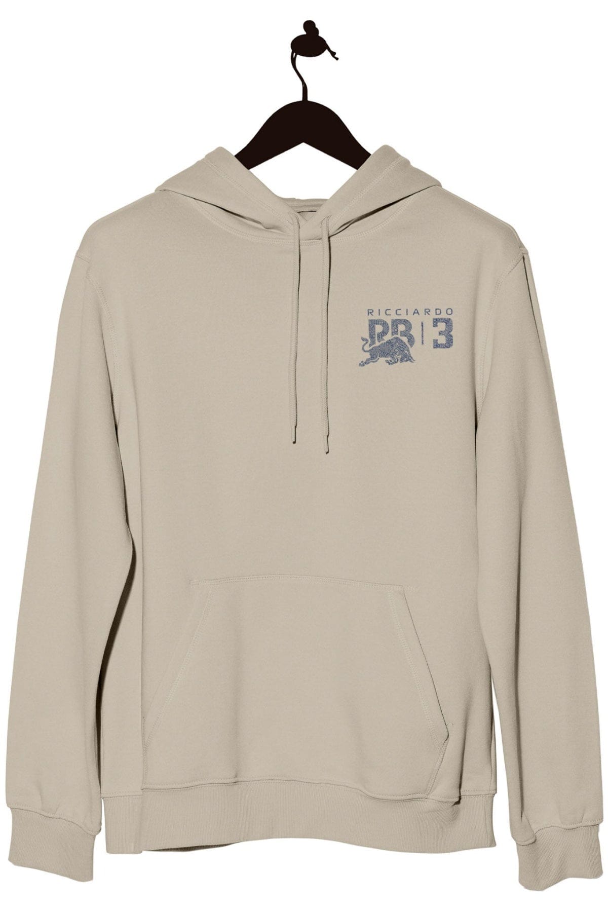 Front of a beige hoodie with a unique graphic design on the front, inspired by Daniel RIcciardo.