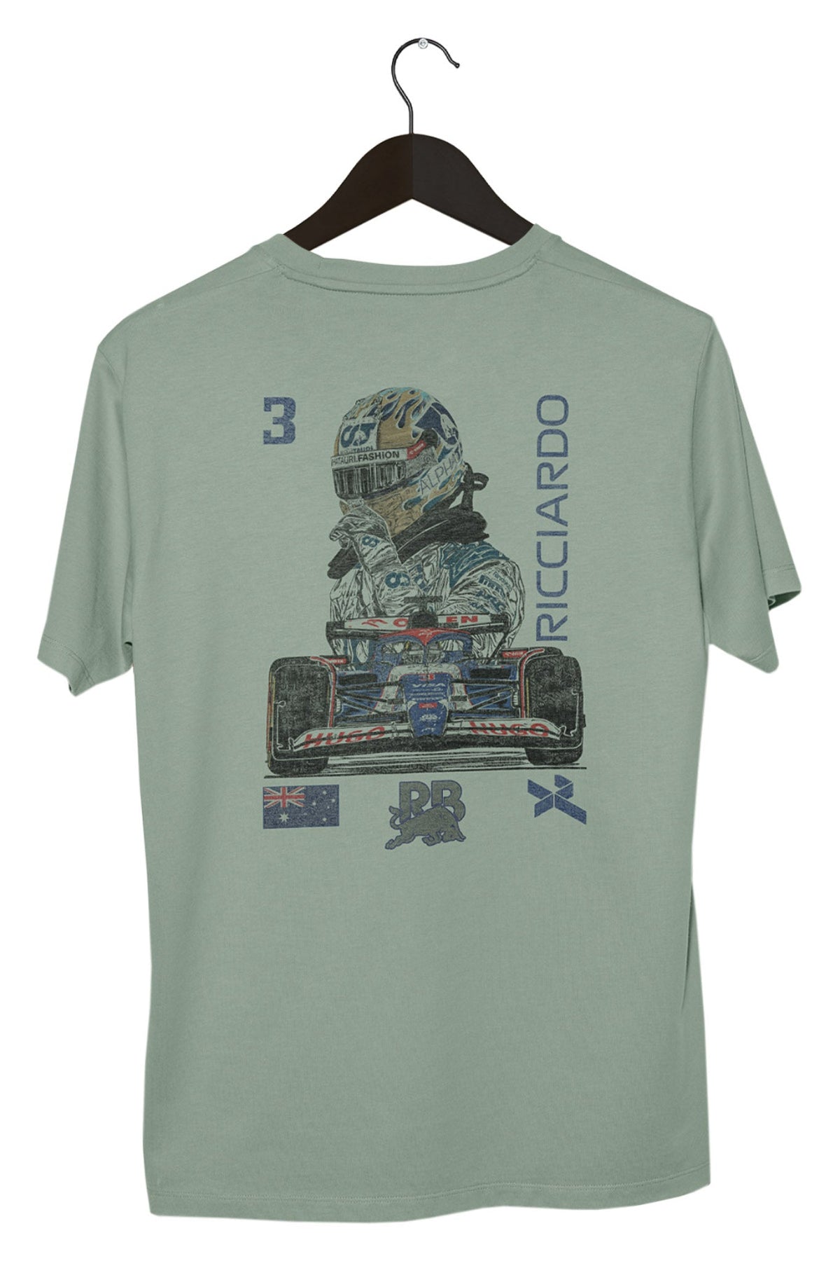 Custom Daniel Ricciardo shirt on a black hanger with a white background, showcasing the graphic design printed on the back of a Bay Comfort Colors shirt.