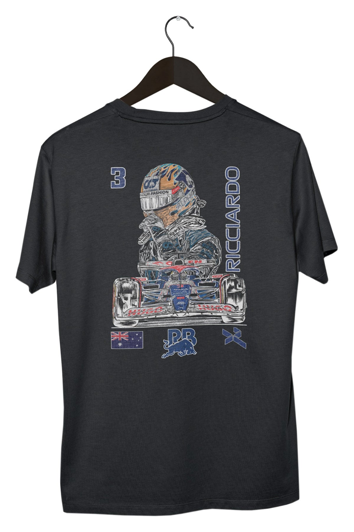 Custom Daniel Ricciardo shirt on a black hanger with a white background, showcasing the graphic design printed on the back of a Black Comfort Colors shirt.