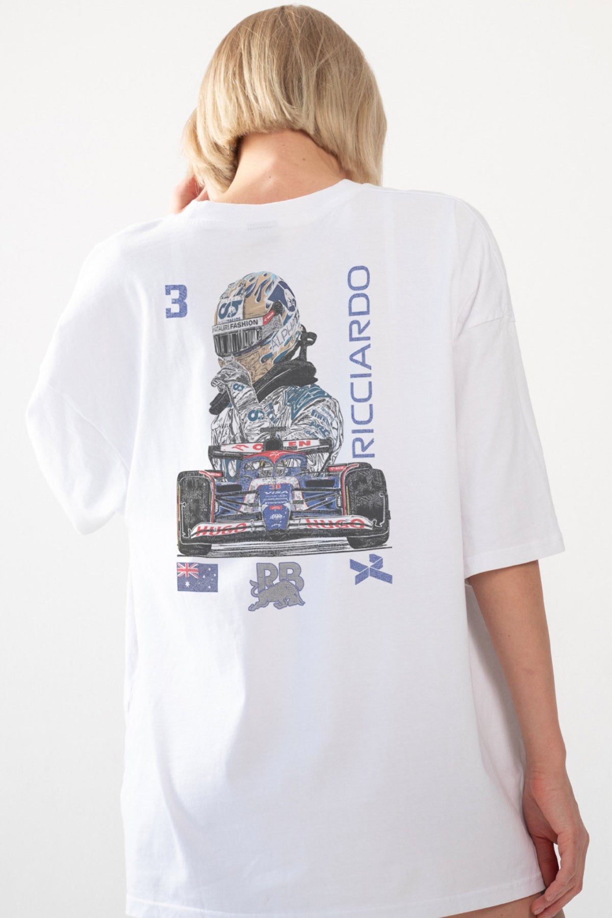 Model wearing Utmost Province custom Daniel Ricciardo t shirt, highlighting the graphic design on the back of the F1 shirt.