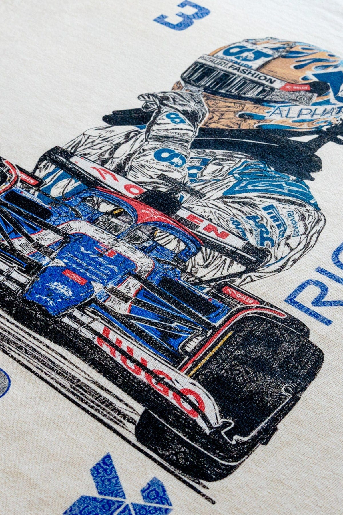 Close up of Utmost Province custom Ricciardo graphic tee, highlighting the detail of the design.