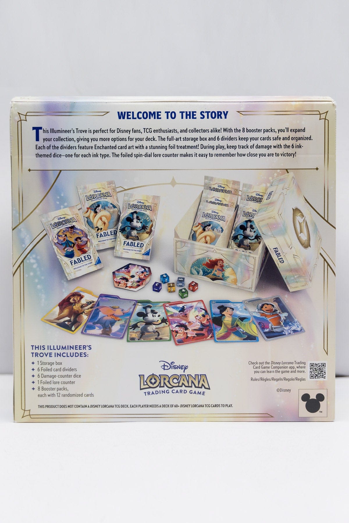 Back of a Disney Lorcana Fabled Illumineer's Trove box