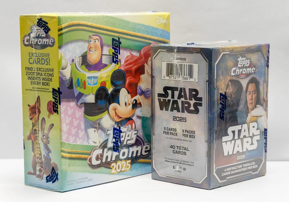 Topps Chrome Disney and Star Wars trading card boxes next to each other at an angle with a white background.