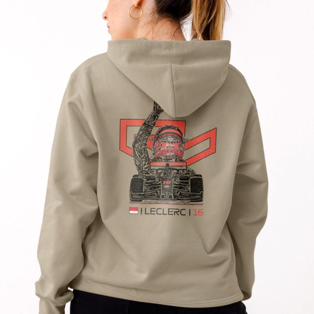 Woman in a beige F1 hoodie, showcasing the back design of the hooded sweatshirt.