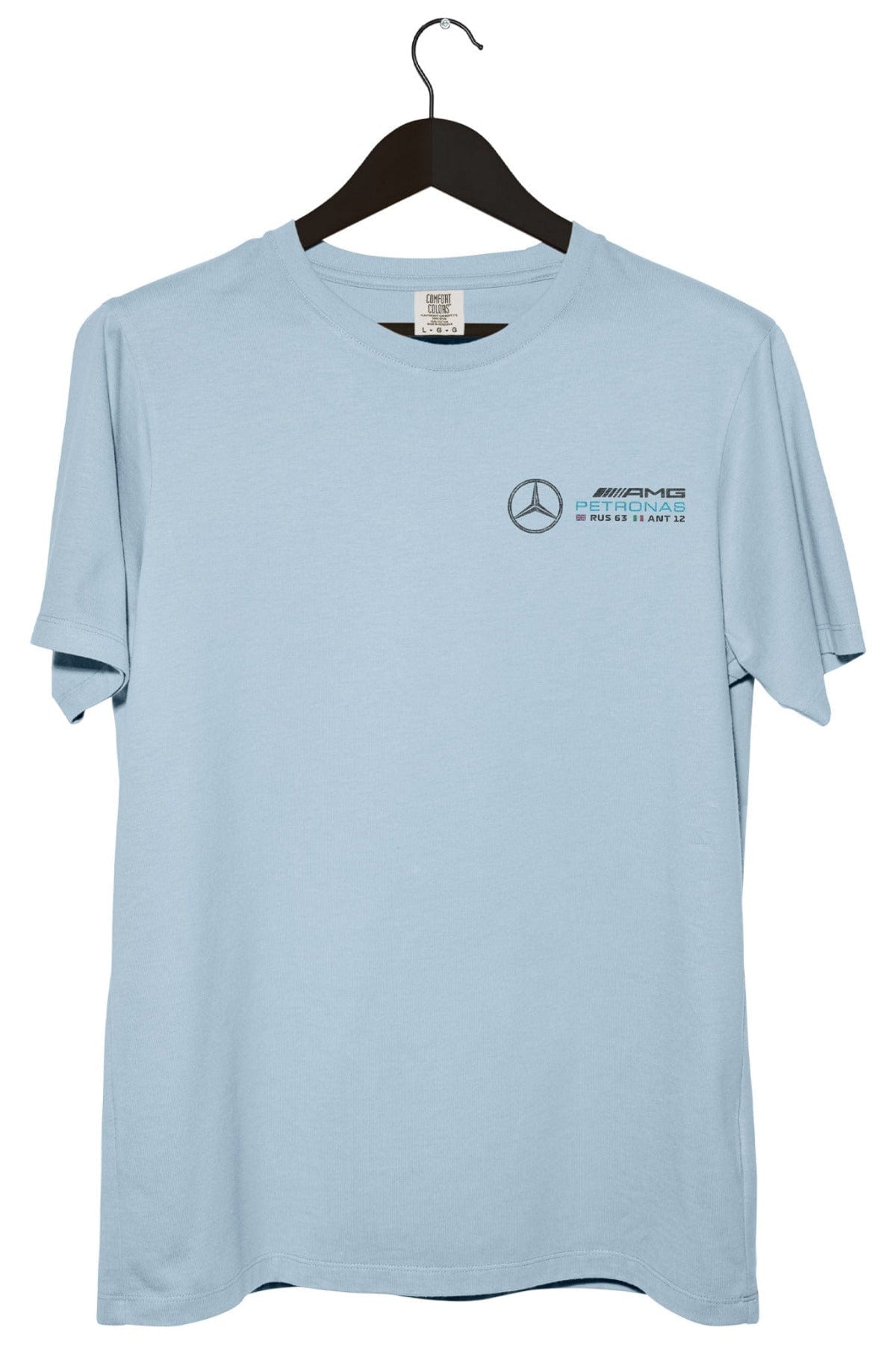Front of a Chambray Comfort Colors shirt with Utmost Province custom Mercedes F1 log.