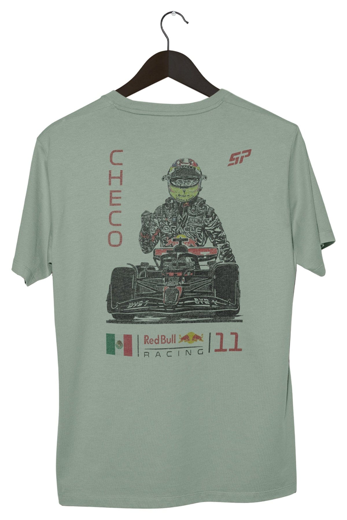 Custom Red Bull F1 shirt, featuring a graphic design of Checo Perez, printed on a Bay Comfort Colors shirt.