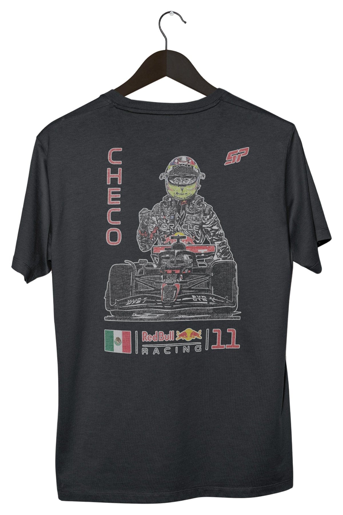 Black Checo Perez shirt on a hanger with a white background.
