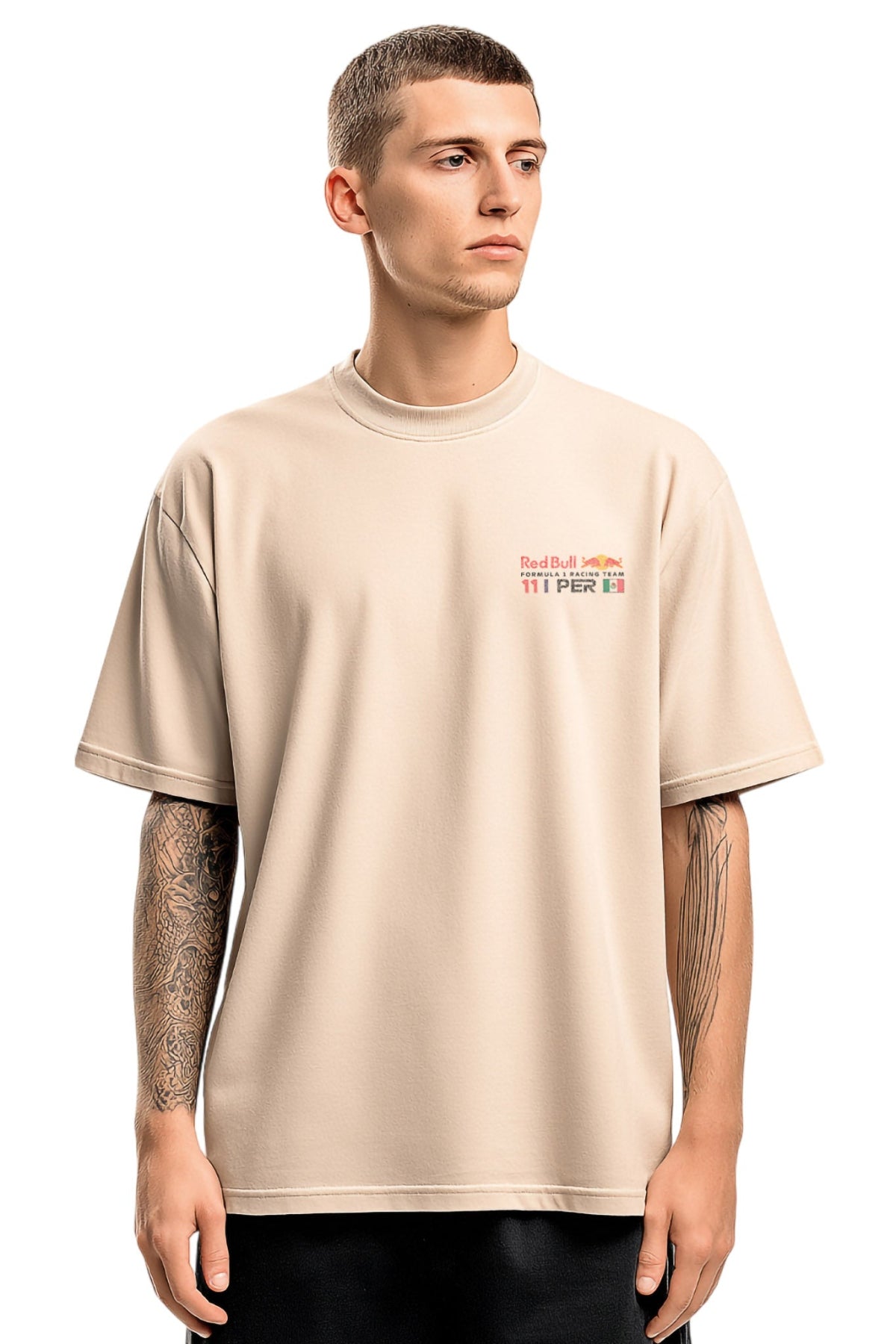 Man wearing a beige t-shirt with a logo on a white background