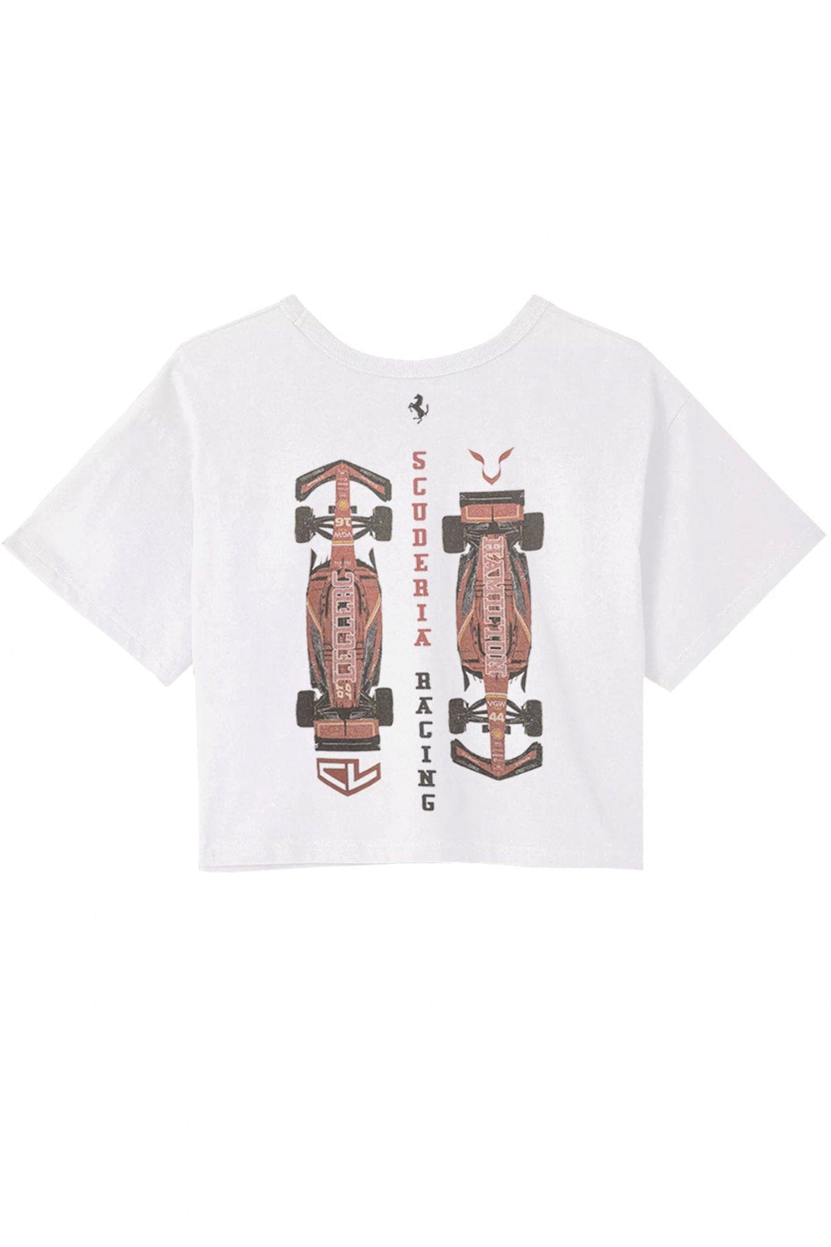 Back of a white custom Ferrari cropped graphic tee designed by Utmost Province.