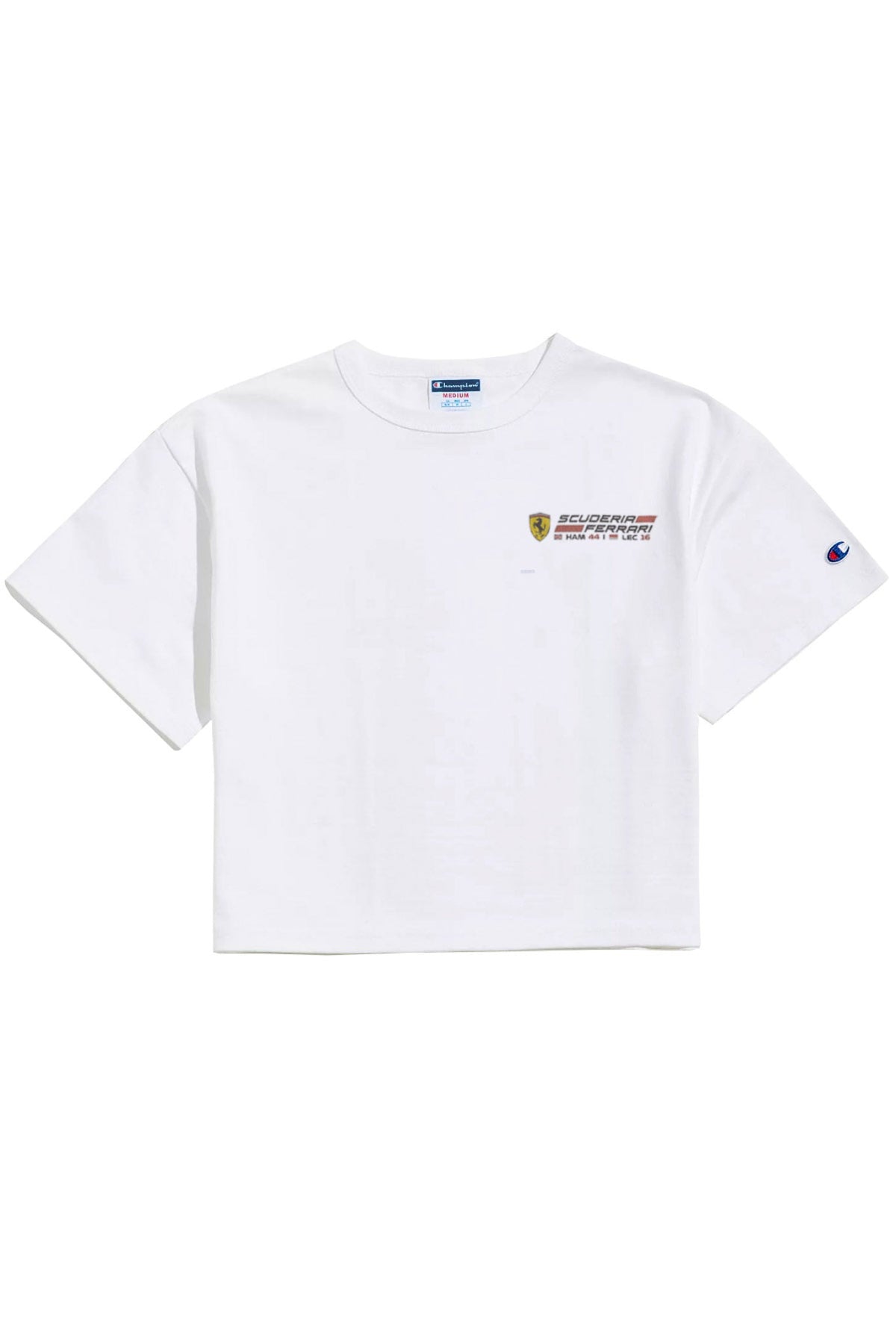 Front of a white cropped tee with a custom Scuderia Ferrari inspired logo.