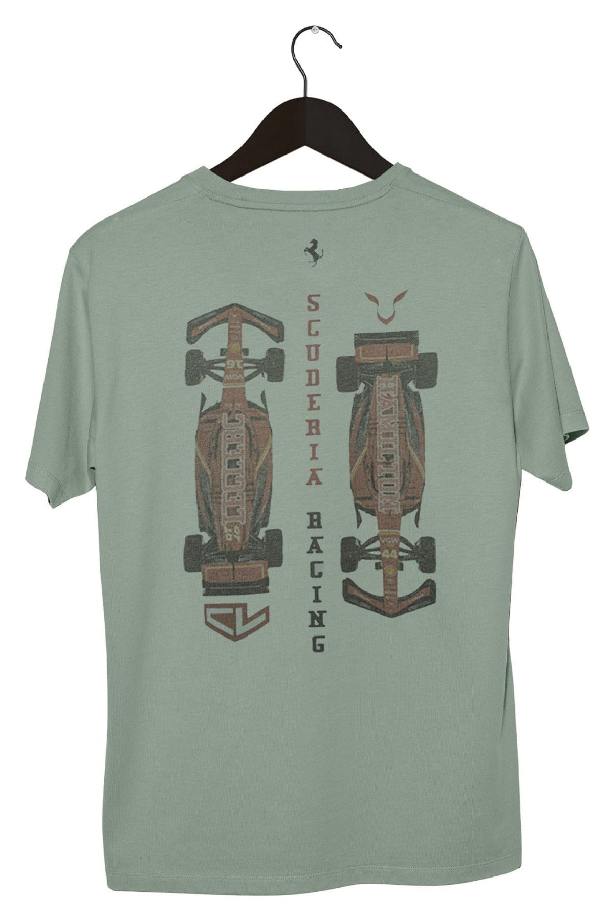 Front of a Bay colored Comfort Colors shirt, feauring a graphic design inspired by Lewis Hamilton & Charles Leclerc.