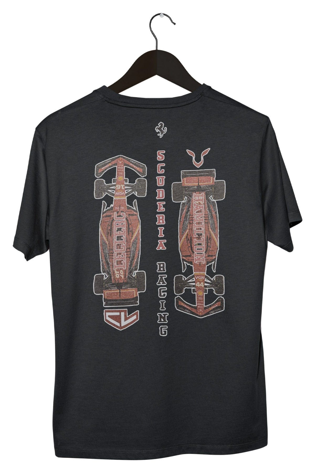Back of a black Lewis Hamilton & Charles Leclerc inspired graphic tee with a white background.