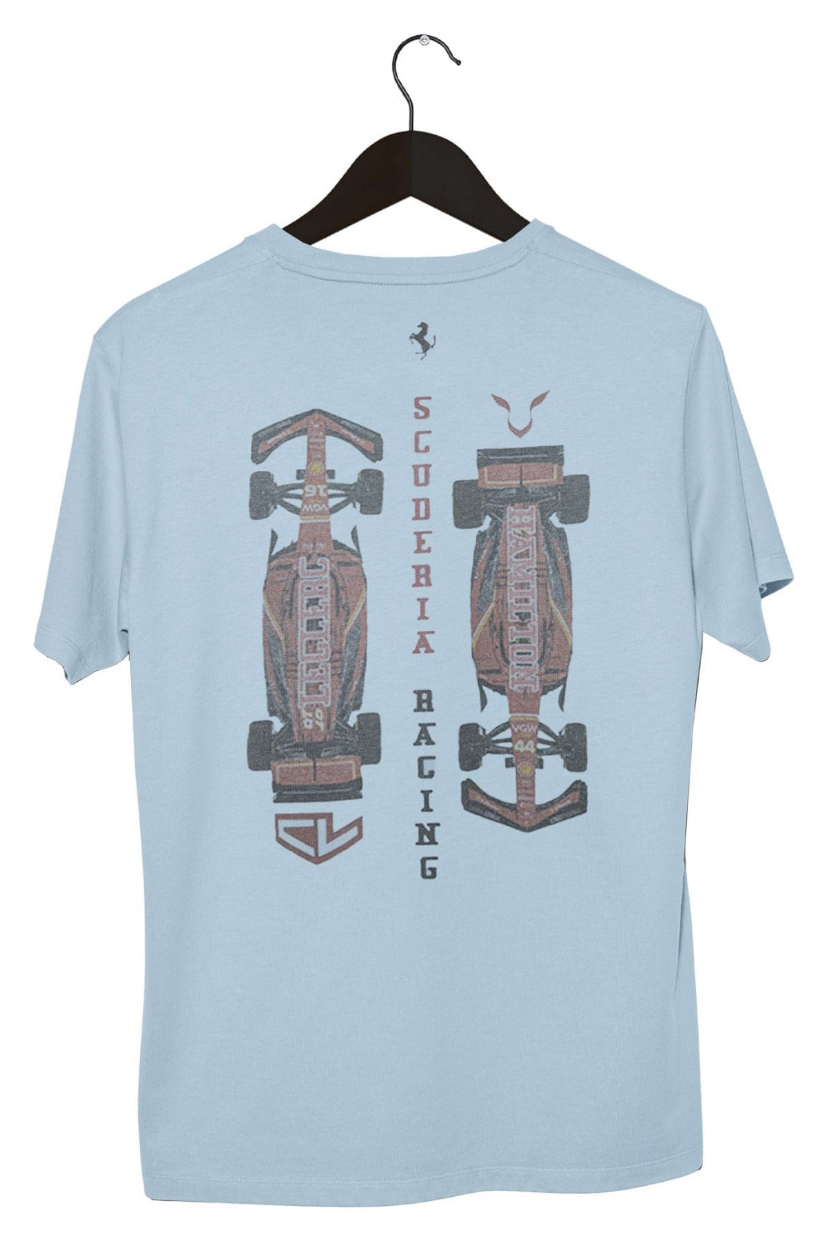 Back of a Light Blue Ferrari F1 team graphic tee, designed by Utmost Province.