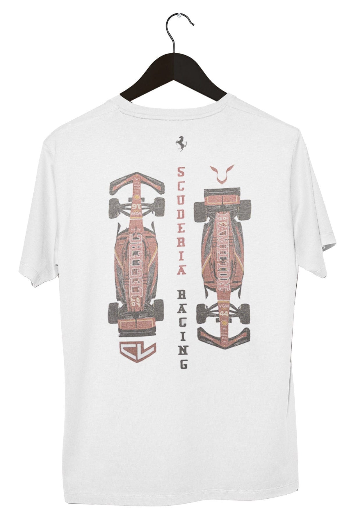 Back of a white Comfort Colors t-shirt, showcasing Utmost Province custom Ferrari inspired graphic design.